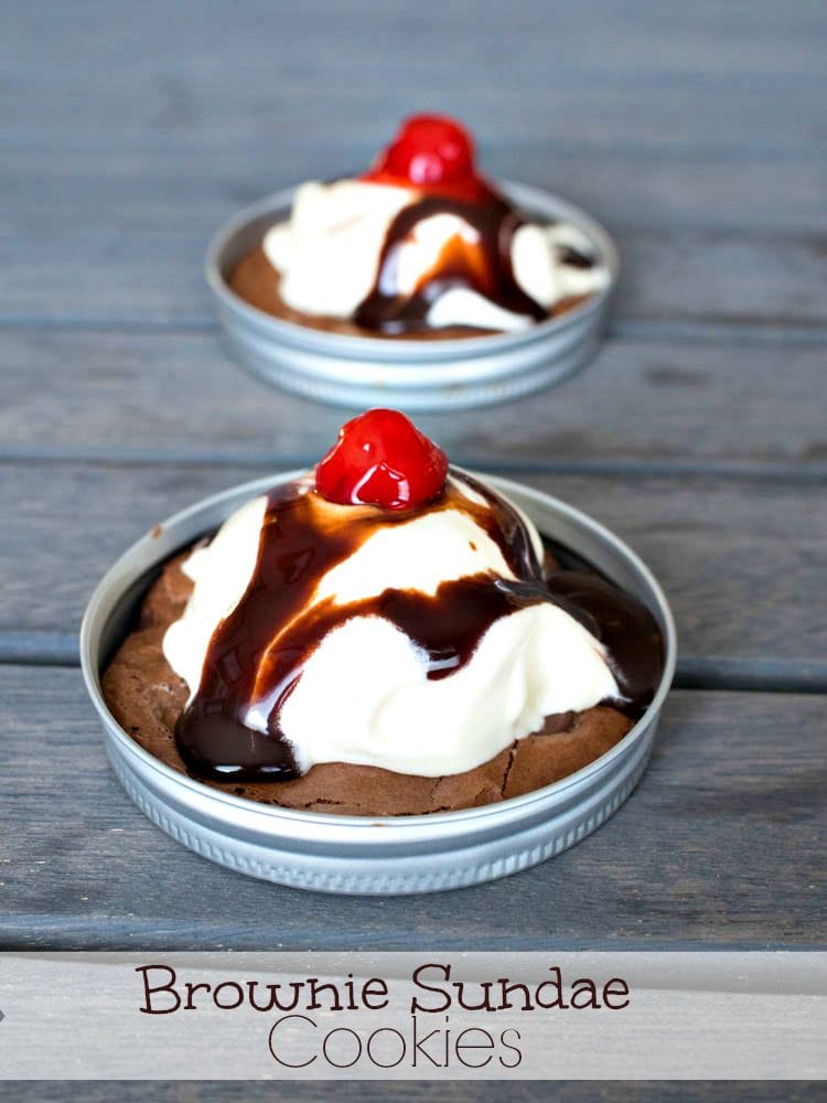 Brownie Sundae Cookies - Chewy flourless brownie cookies topped with ice cream, chocolate sauce and a cherry. A delicious summer mini dessert baked in Mason jar lids.