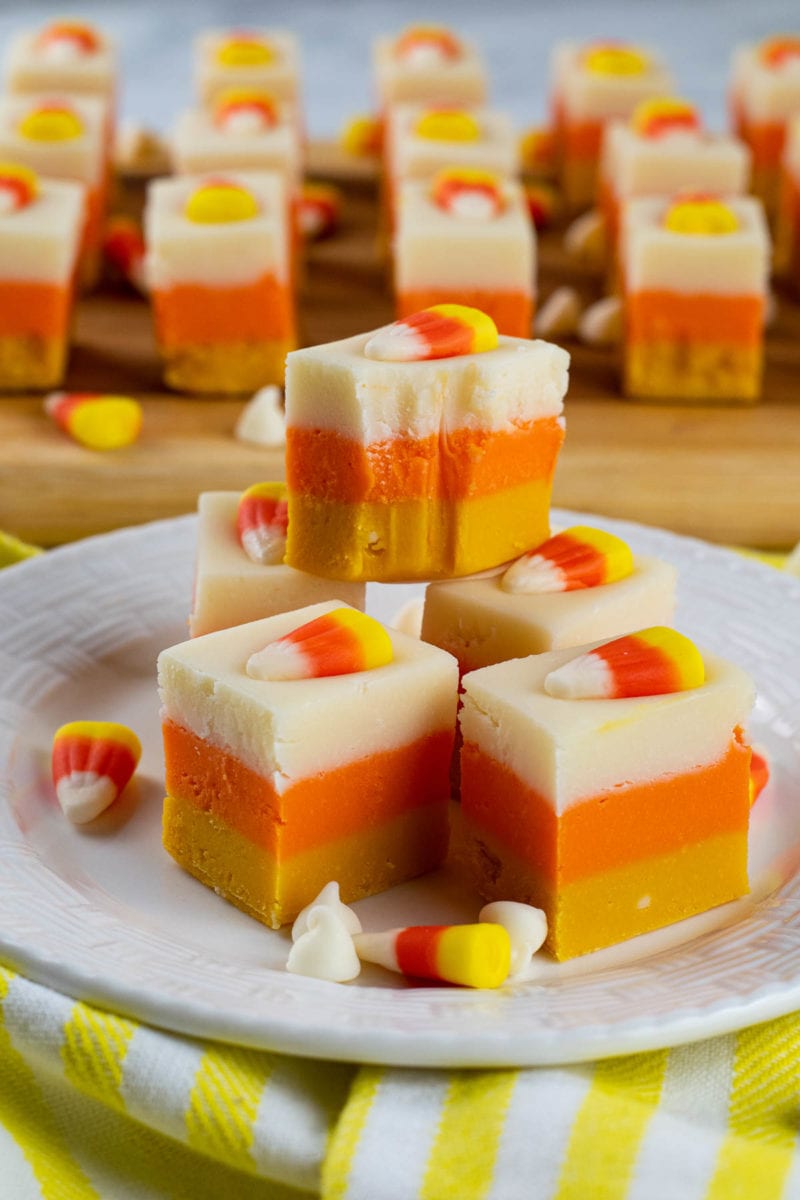 stack of candy corn fudge on a plate