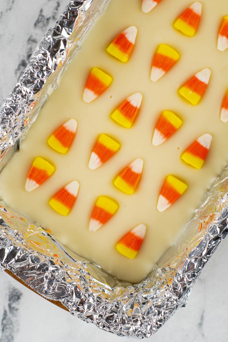 adding the candy corn to the fudge
