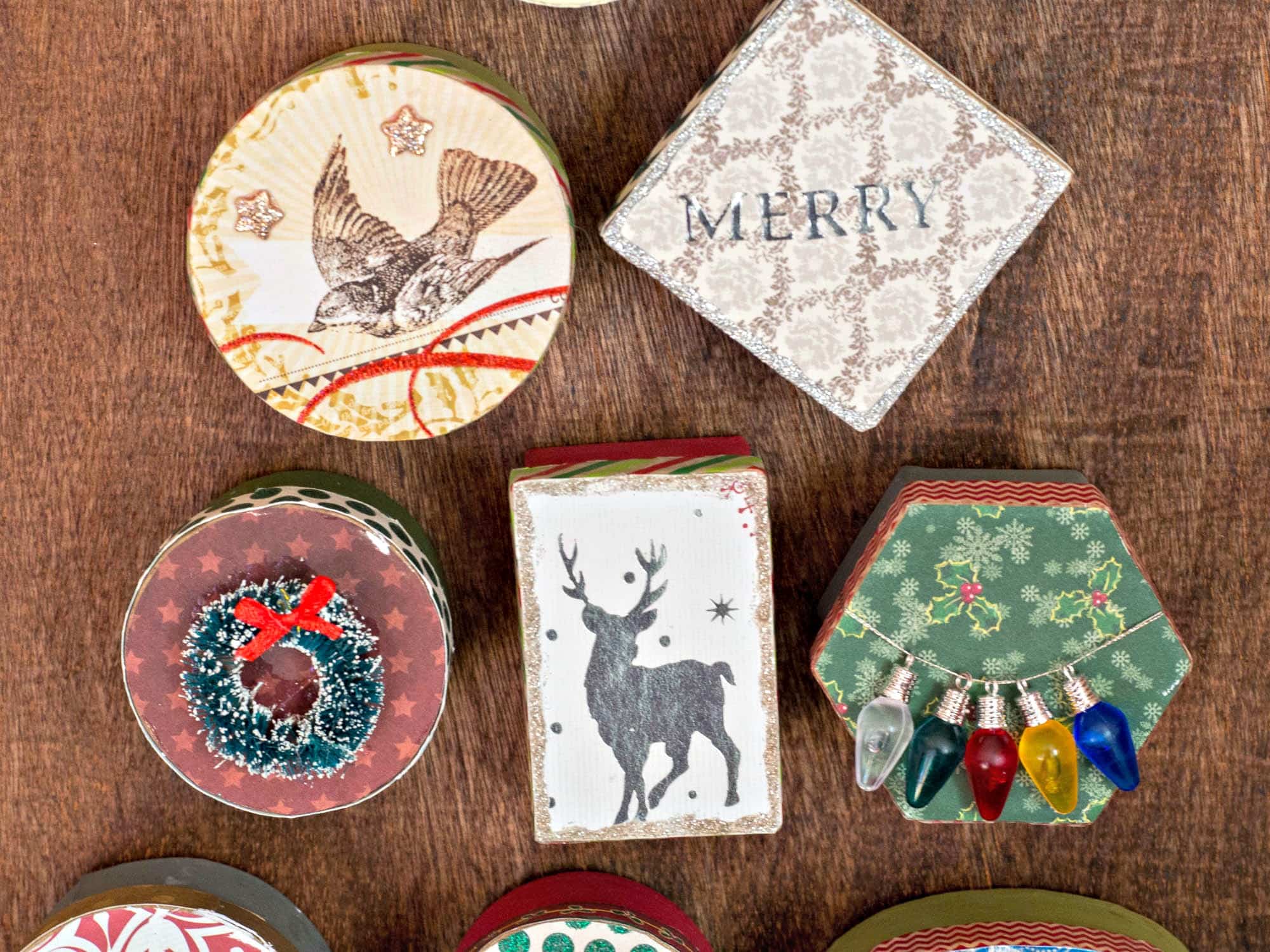 A DIY advent calendar with a collection of Christmas ornaments.