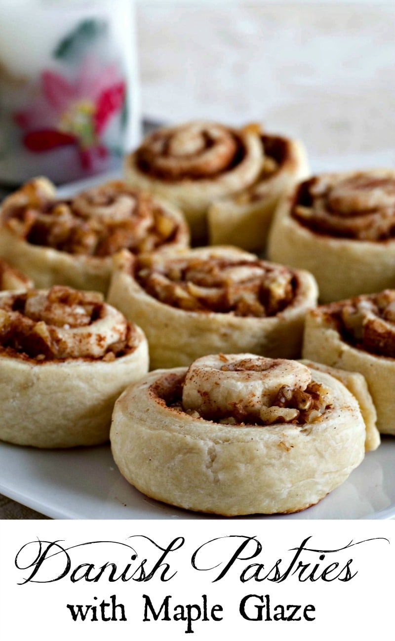 Danish Pastries with Maple Glaze - a traditional family recipe with pastry dough rolled up with walnuts and cinnamon and drizzled with Maple glaze.