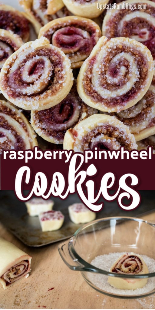 Delicious jam filled raspberry pinwheel cookies are an old fashioned Christmas tradition! Raspberry jam and walnuts are rolled up inside a rich, buttery dough. The cookie log is then sliced and baked for a delicious and pretty raspberry swirl cookie.