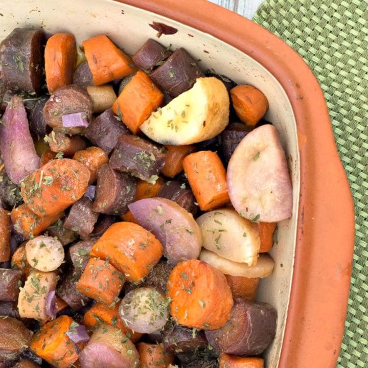 Maple roasted carrots in a baking dish.