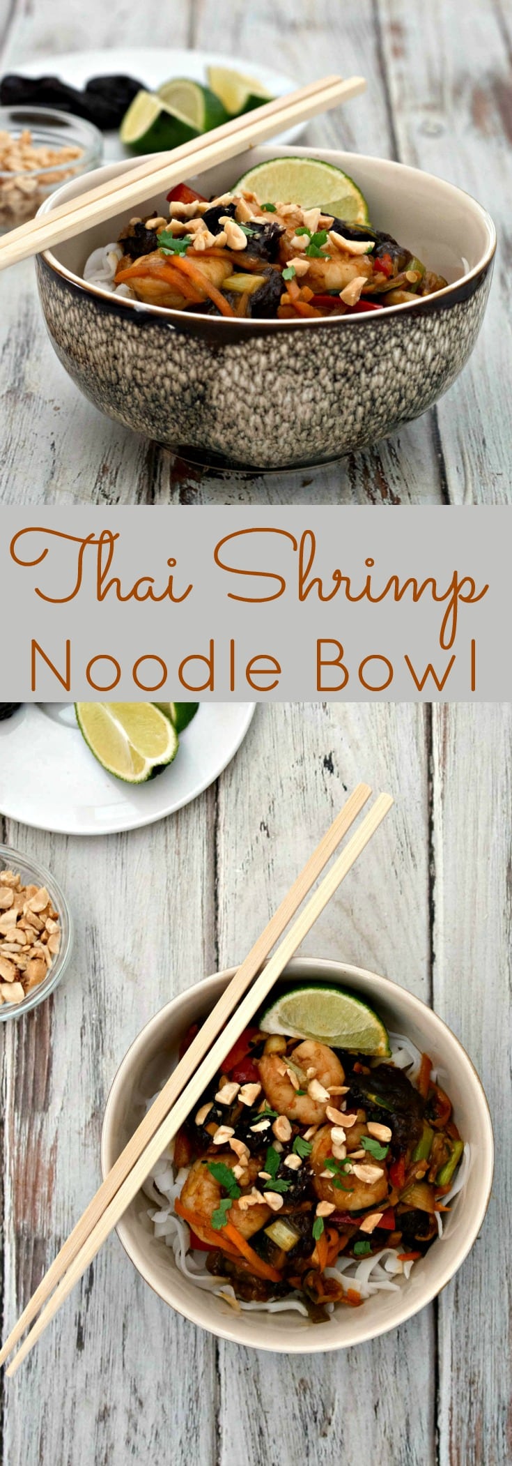 Thai noodle bowl with chopsticks on a wooden table.