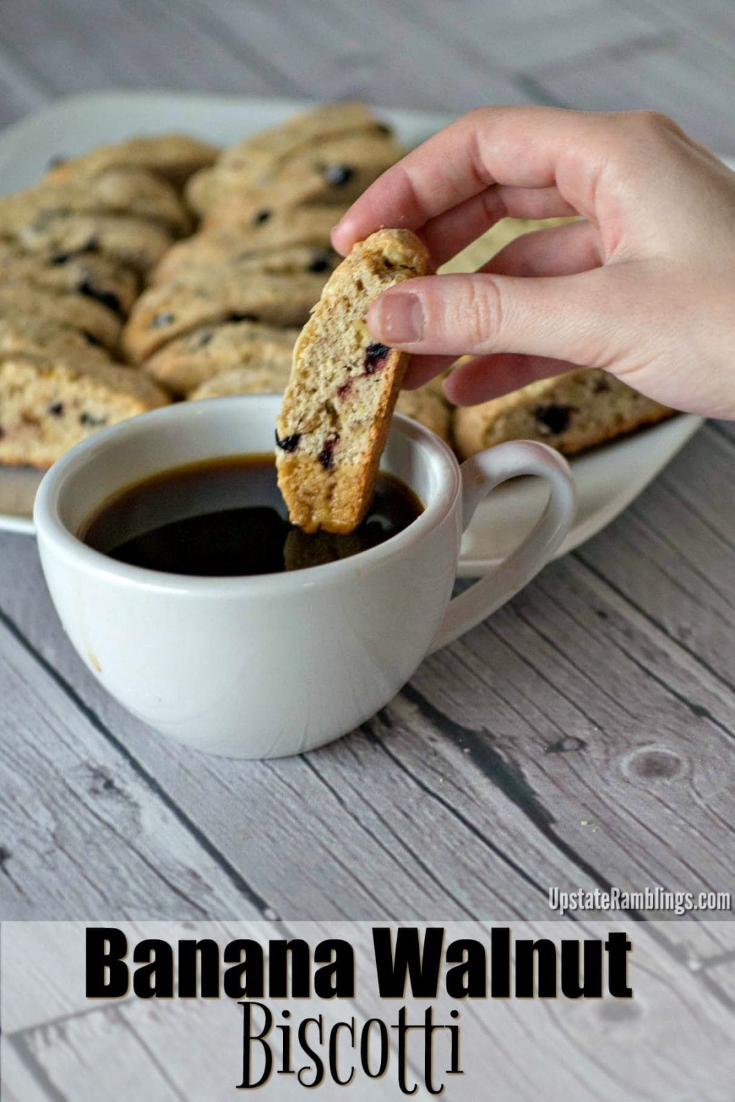 Walnut biscotti dipped in coffee.