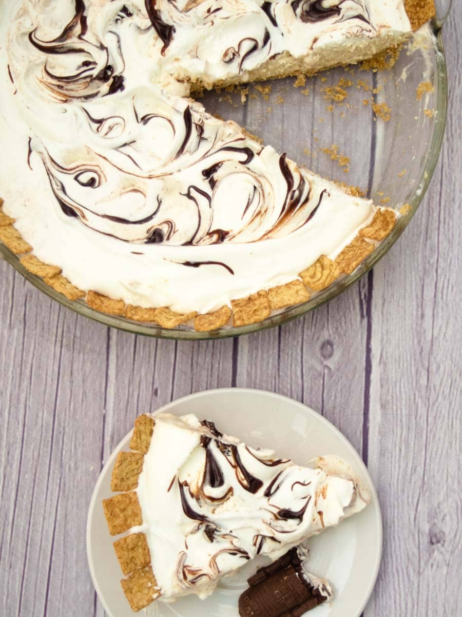 top view of ice cream pie with a slice out.