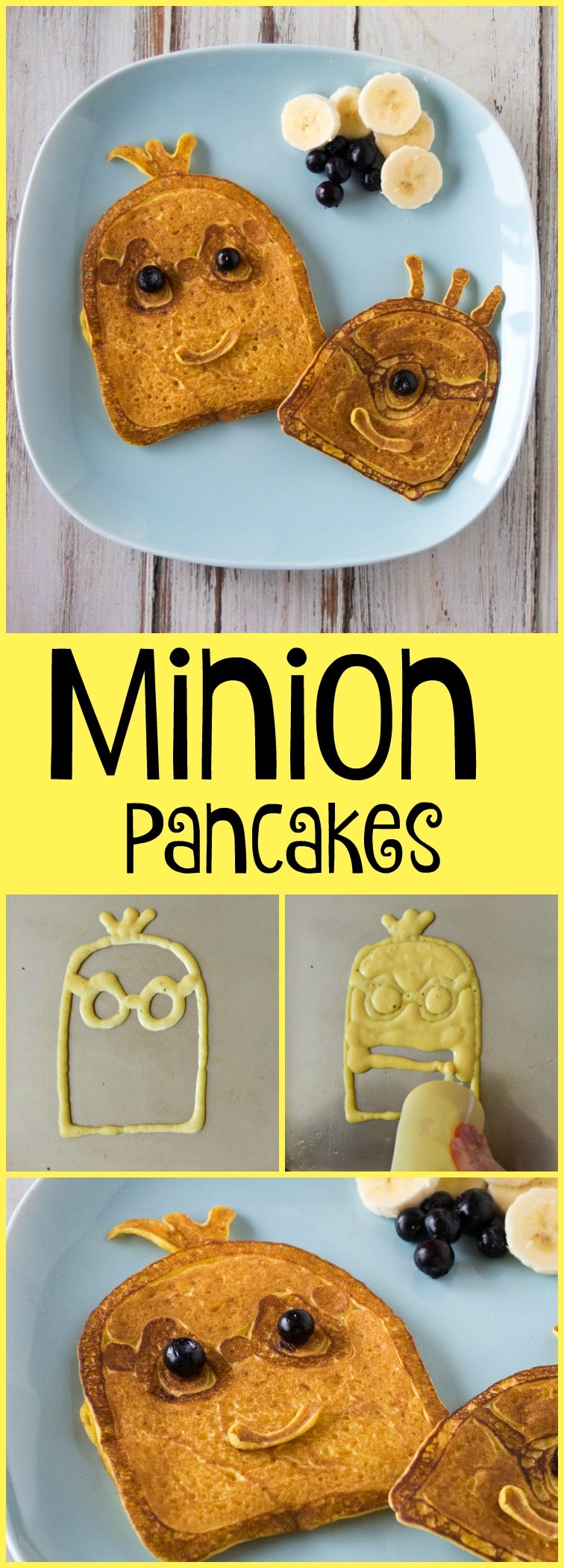 Easy to make Minoins Pancakes are the perfect meal for family movie night. Use pancake batter to create a simple minion, and top with blueberries and bananas.