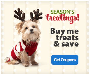 A dog wearing reindeer antlers with the text Doggie Treat jars & save.
