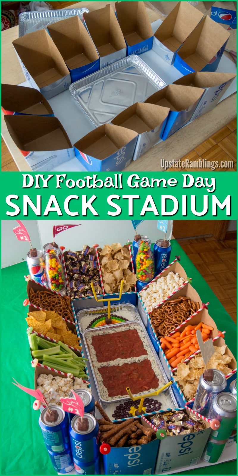 Ultimate in sports party entertaining - check out this Football Snack Stadium made with Soda Cartons! The easy DIY Modular Snack Stadium is perfect for your Football Game Day Party. Check out this tutorial and make your Big Game party one that will be remembered for years! #ad #football #tailgate #snackstadium 