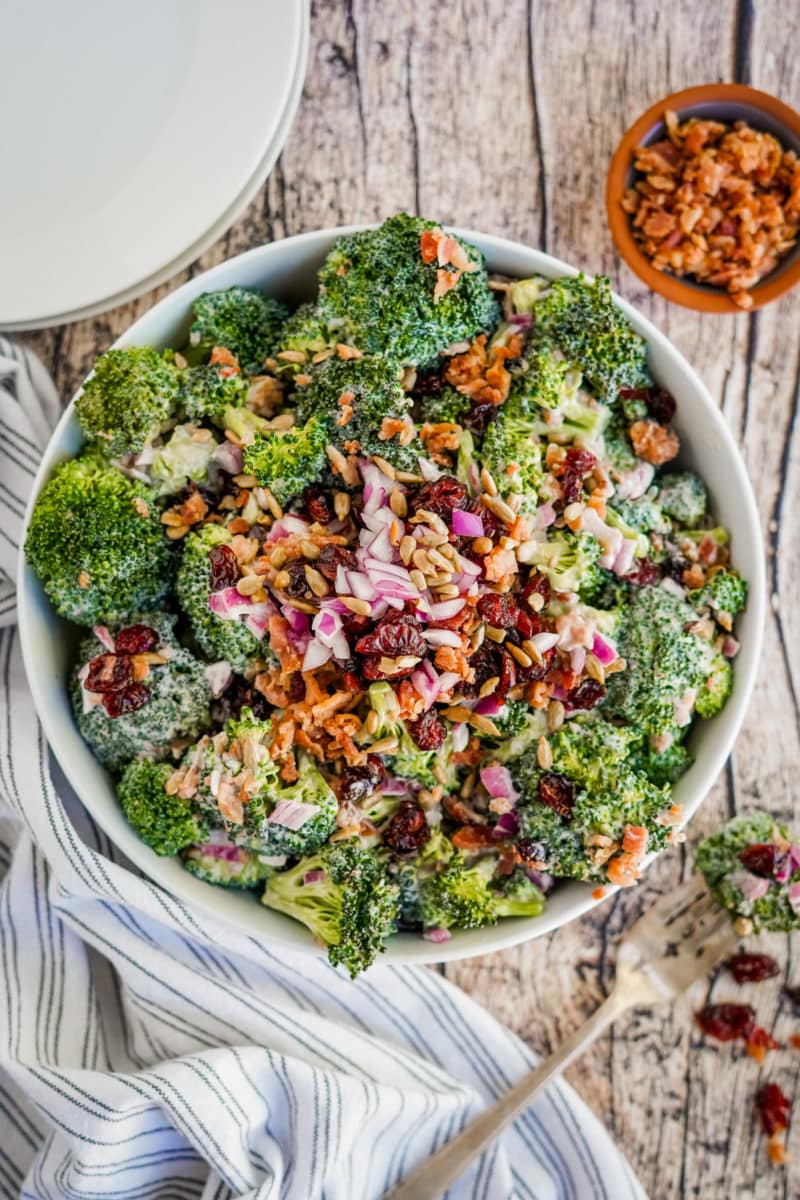 bowl of broccoli salad from the top