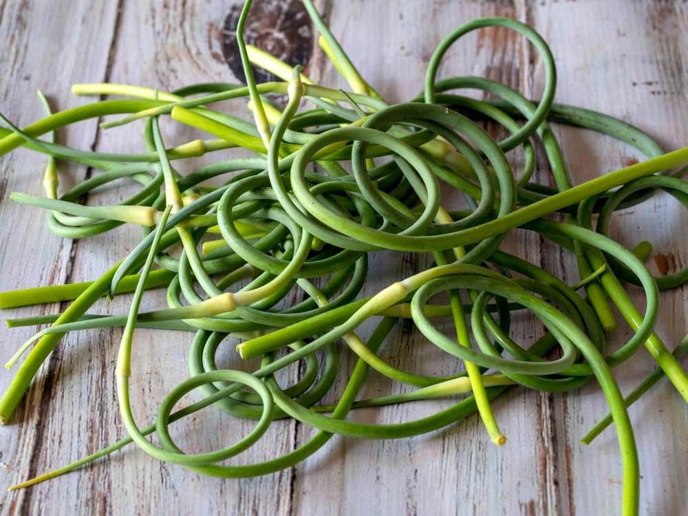 garlic scapes on the table