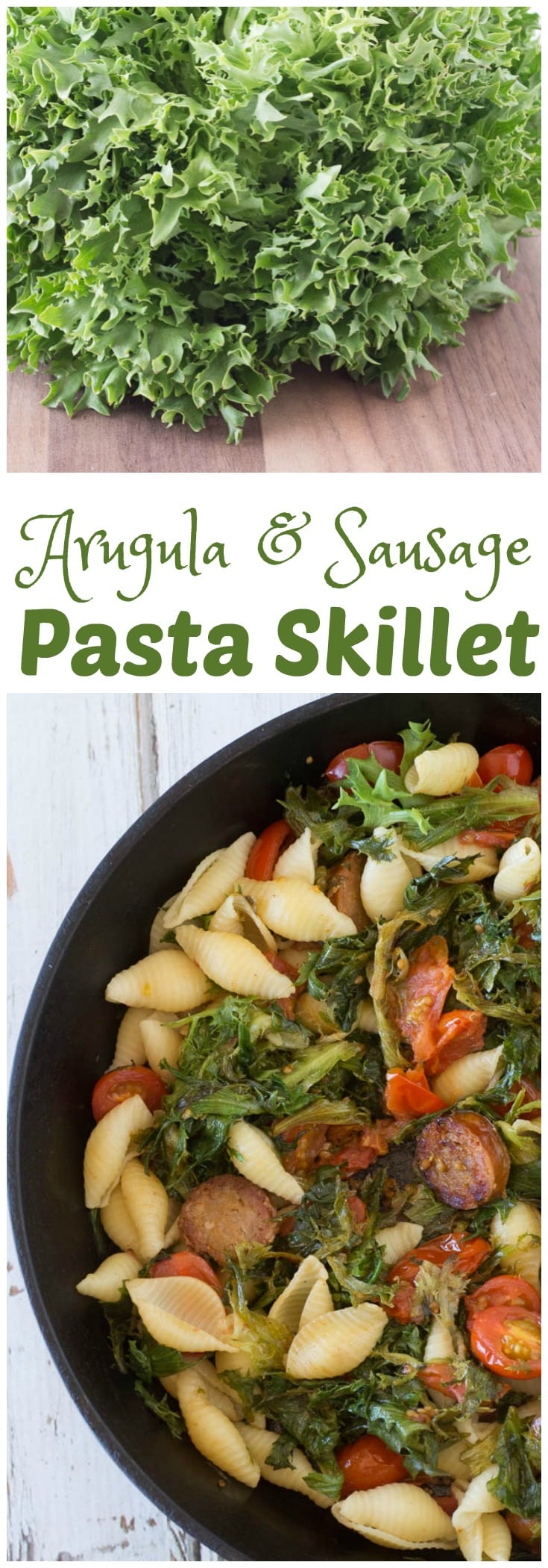An image of a pasta skillet with arugula.