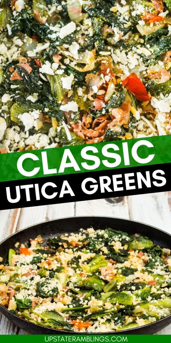 Close-up of a pan of Utica greens topped with crumbled cheese and chopped prosciutto, with a green banner labeled "Classic Utica Greens.