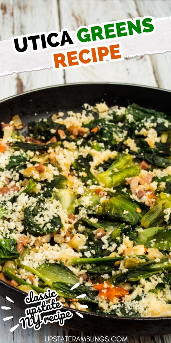 A skillet filled with Utica greens, including leafy greens, diced vegetables, pancetta, and breadcrumbs, labeled as a classic upstate NY recipe.