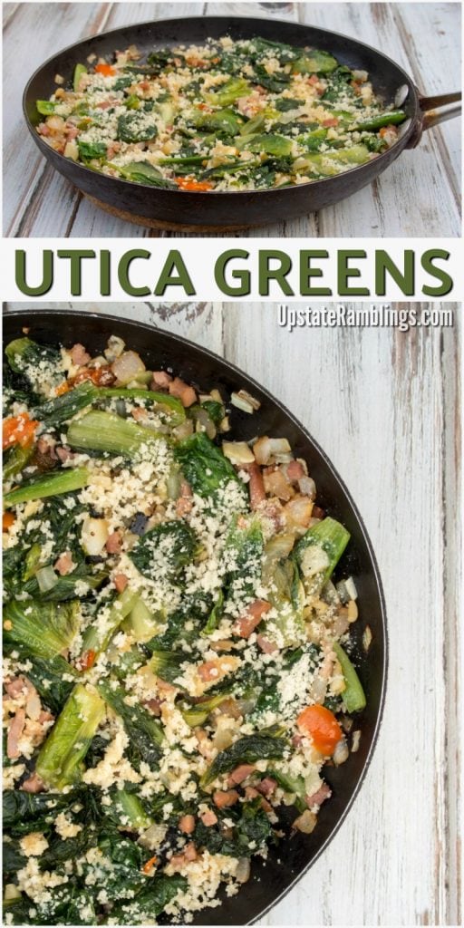 Utica greens in a skillet with ham and cheese.