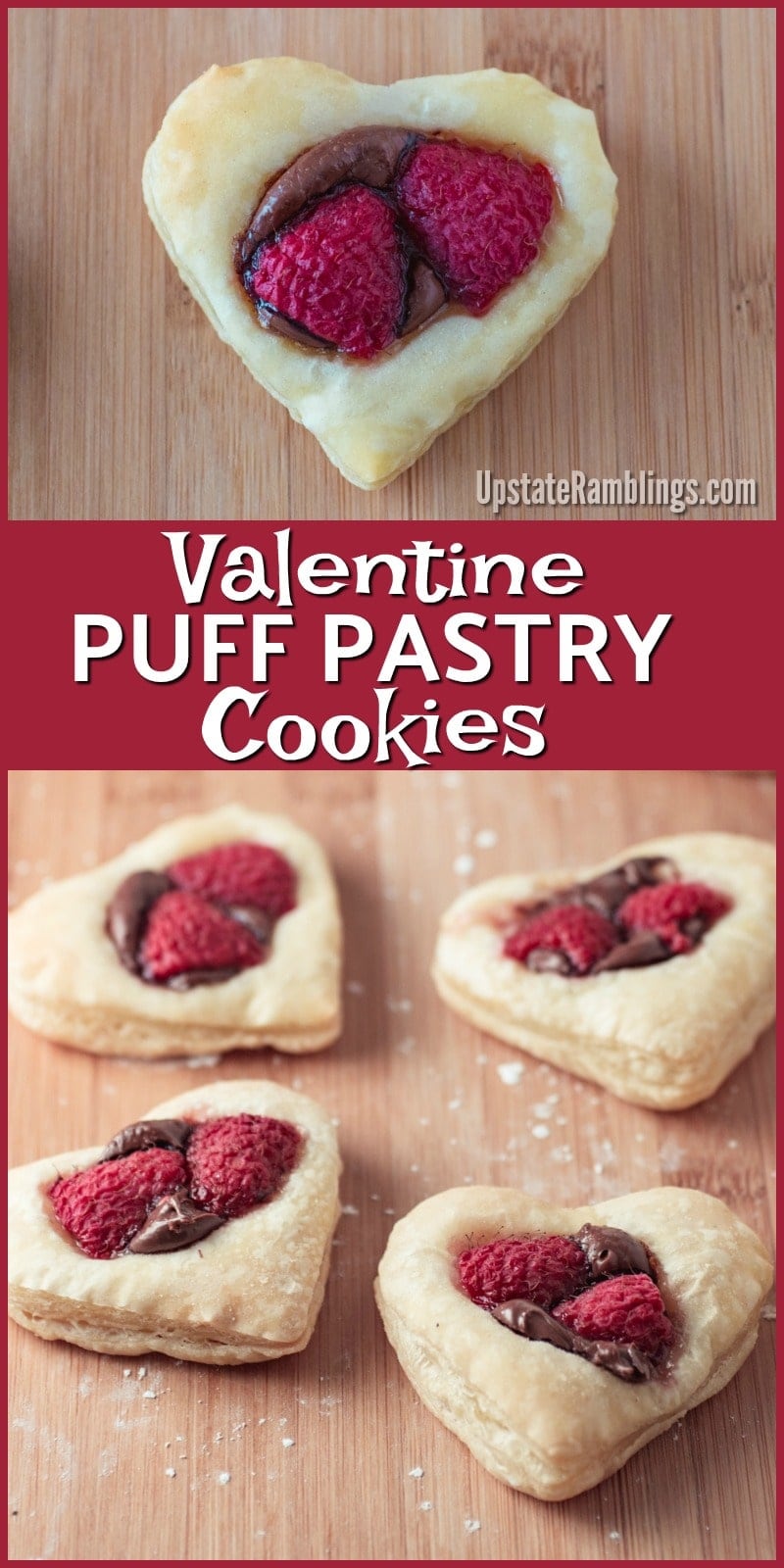 These Valentine Puff Pastry Cookies are super easy to make, and perfect for Valentine's Day! Puff pastry is cut into hearts and topped with creamy Nutella and raspberries then baked until golden brown for a sweet and flaky cookie that is ready in minutes. Only three ingredients! #cookies #hearts #nutella #valentinesday