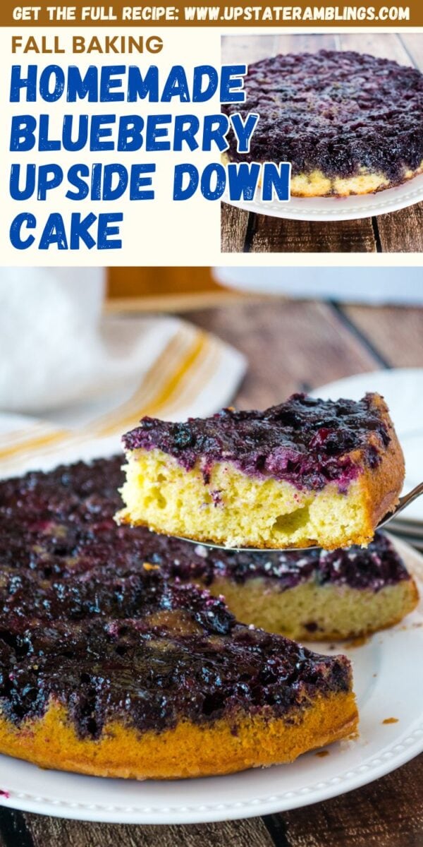 A slice of homemade Blueberry Upside Down Cake is being lifted from a round cake on a white plate, showcasing the vibrant blueberry topping and golden yellow cake layer.