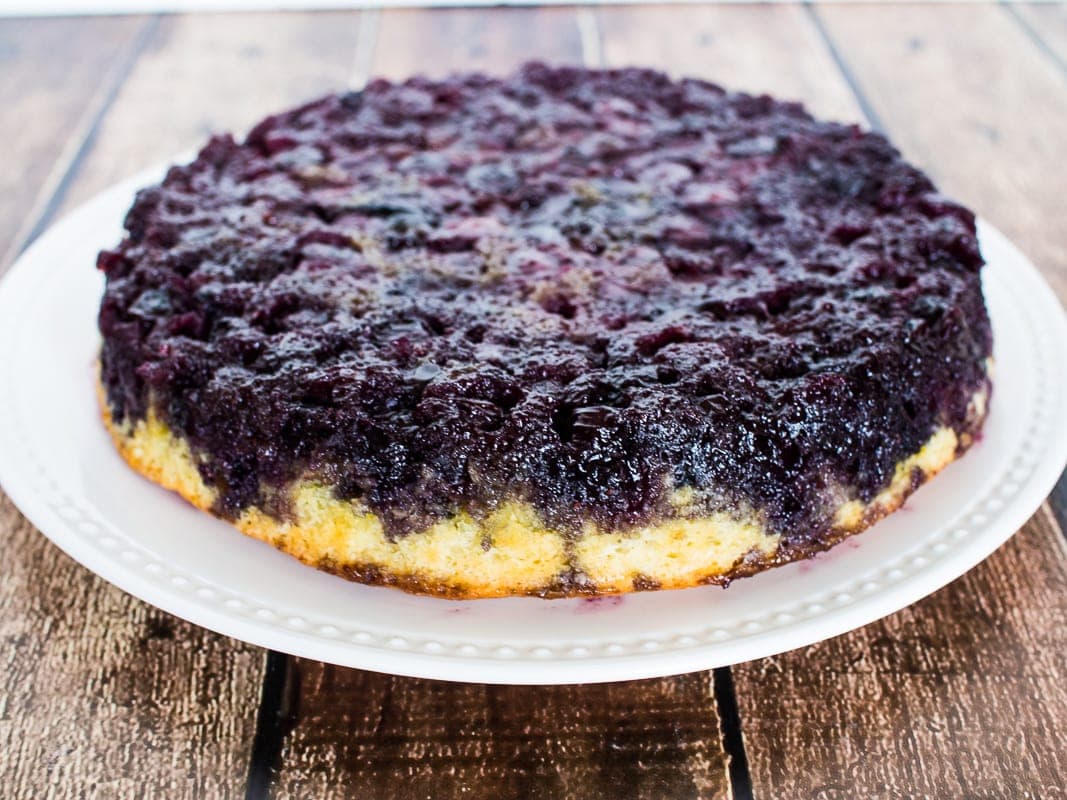 blueberry upside down cake on a plate
