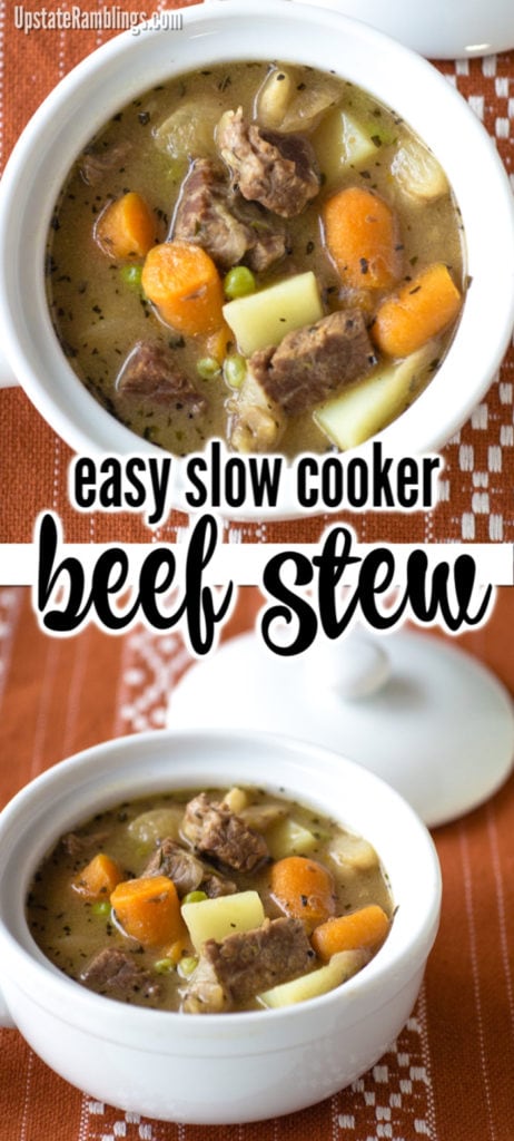 This easy slow cooker beef stew recipe is the ultimate family comfort food. It is filled with beef, potatoes, onions, carrots and peas for the perfect one pot meal. Made with fresh or frozen vegetables it is an excellent way to feed a crowd with little effort.