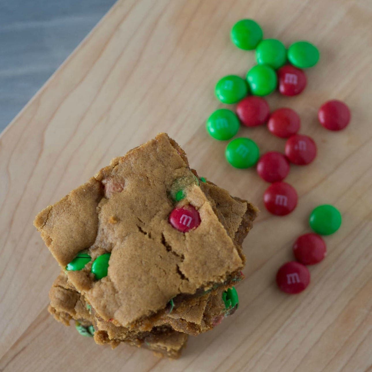 GIngerbread Bar with red and green holiday M&Ms for Dessert 