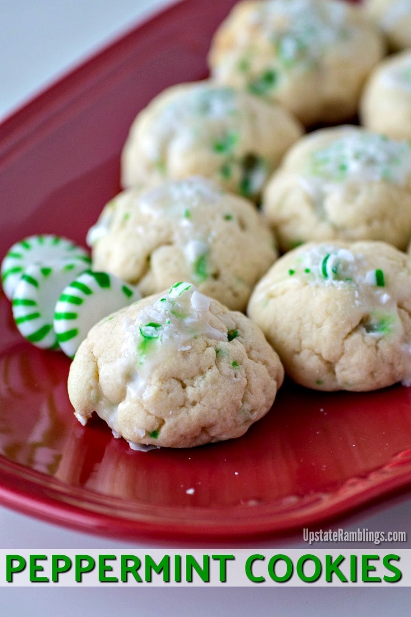 Peppermint cookies on a red plate.