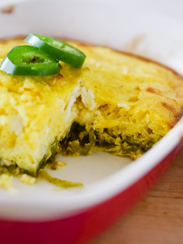 chile relleno casserole with a piece cut out