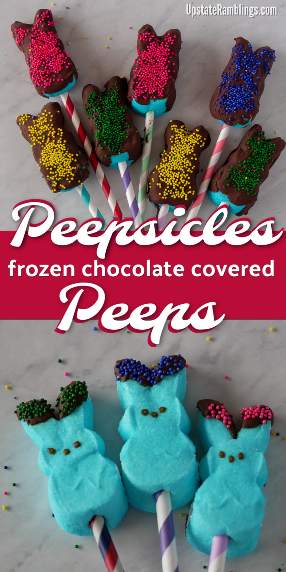 Chocolate covered marshmallow pops are a cute Easter recipe with peeps which is made from chocolate dipped frozen Peeps. This Peeps recipe is quick and easy to make and sure to be a hit with kids of all ages. Can you freeze Peeps? Find out how! #peeps #easter #marshmallowpops