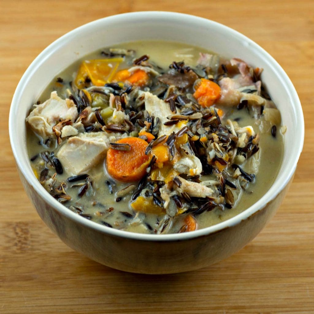 Instant Pot turkey soup with wild rice in a bowl