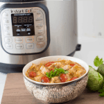 A bowl of tomatillo chicken stew soup in front of an instant pot.