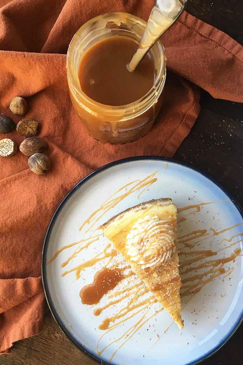 Spiced Eggnog Cheesecake - drizzled with caramel - easy holiday dessert
