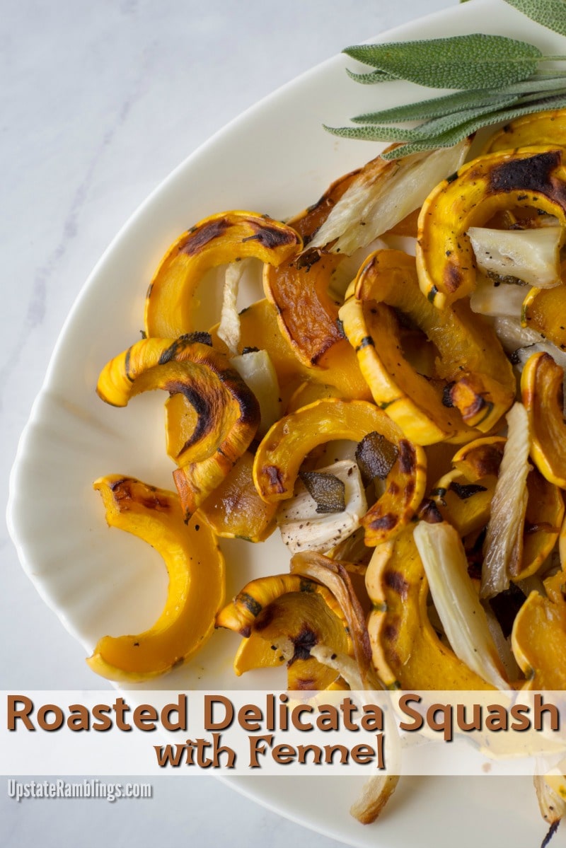 This recipe Roasted Delicata Squash and Fennel is quick and easy to prepare, since the squash doesn't have to be peeled. The delicata squash is roasted with fennel and maple syrup for a sweet and savory side dish for fall meals. #Thanksgiving #wintersquash #delicatasquash #fennel