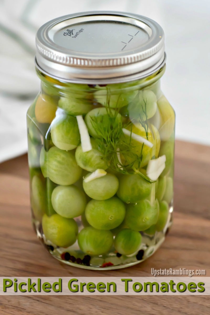 These spicy Pickled Green Tomatoes are a quick and easy way to use up the last of your garden's harvest! These green cherry tomatoes are pickled with vinegar, garlic, dill and red pepper for a tasty bite size refrigerator pickle. #pickles #greentomatoes #refrigeratorpickles