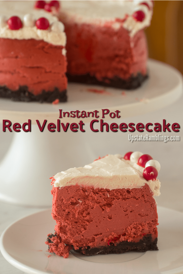 This Instant Pot Red Velvet Cheesecake is festive and tasty, making it perfect for serving for Christmas dinner or Valentine's Day. Chocolate cookie crust with red velvet filling, topped off with a cream cheese frosting and chocolate candies. #cheesecake #instantpot #instantpotdessert #redvelvet