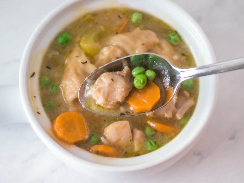 Bowl of Instant Pot Chicken and dumplings - quick family meal