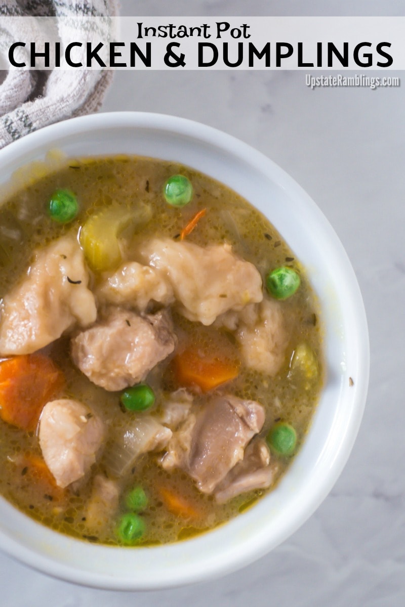 This recipe for Instant Pot Chicken and Dumplings is a quick and easy way to make a family favorite soup of tender chicken with squishy dumplings and lots of healthy vegetables. This easy homemade recipe is made with refrigerator biscuits for a one pot meal that can be ready in less than 30 minutes. #chicken #instantpot #dumplings #comfortfood