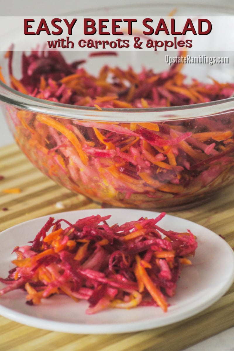 This Raw Beet Salad with apples and carrots is a tasty vegan side dish salad. The healthy recipe is simple to make and the salad is both sweet to eat and gorgeous to look at. Take this refreshing salad to your next picnic or potluck supper! #beets #beetroot #salad 