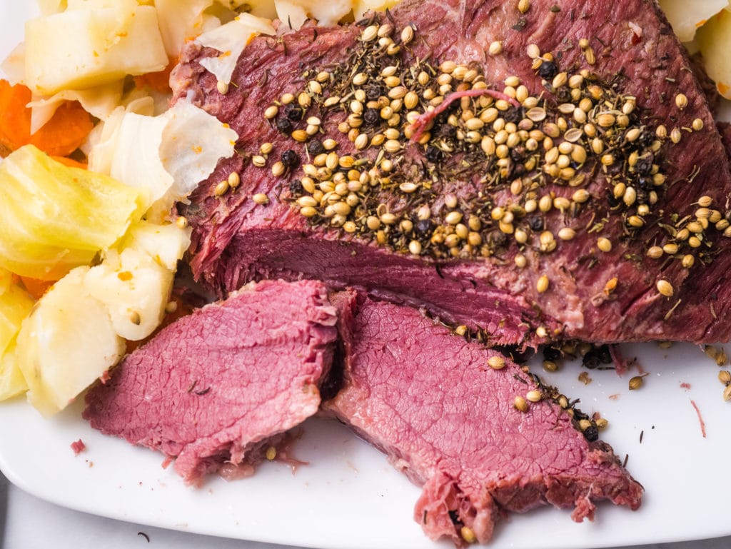 top view of corned beef slices on a plate