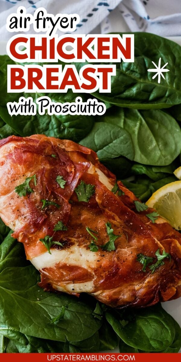 Prosciutto wrapped chicken breast, air fried to perfection, garnished with parsley and served on fresh spinach leaves with a lemon wedge.