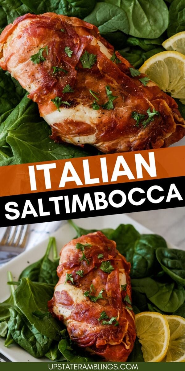 Two pieces of prosciutto wrapped chicken saltimbocca on a bed of fresh spinach with lemon slices, garnished with chopped parsley.