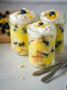 lemon blueberry trifle in mason jars.