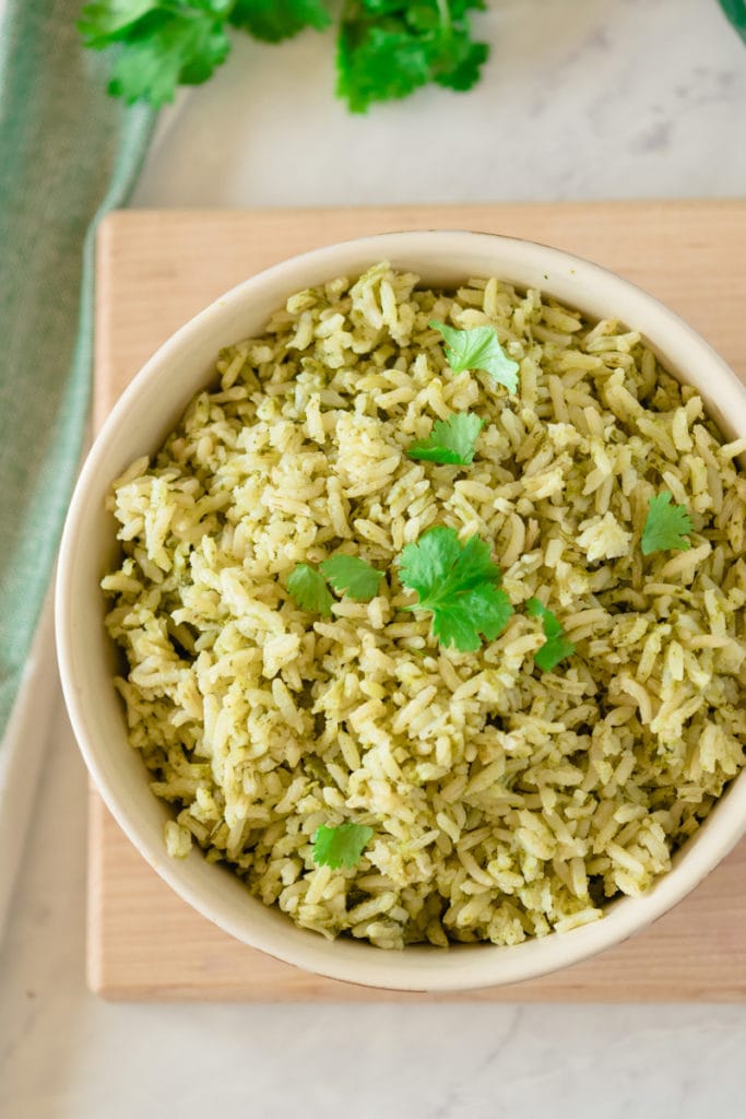 Green rice with Arroz Verde in a bowl.