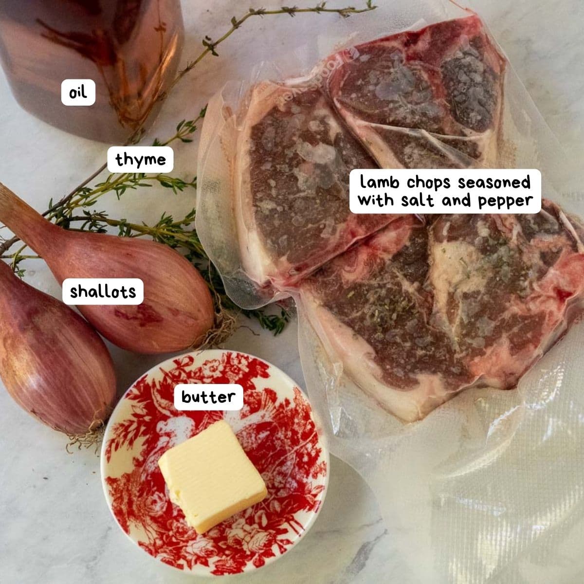 Ingredient photo with labels for sous vide lamb chops.