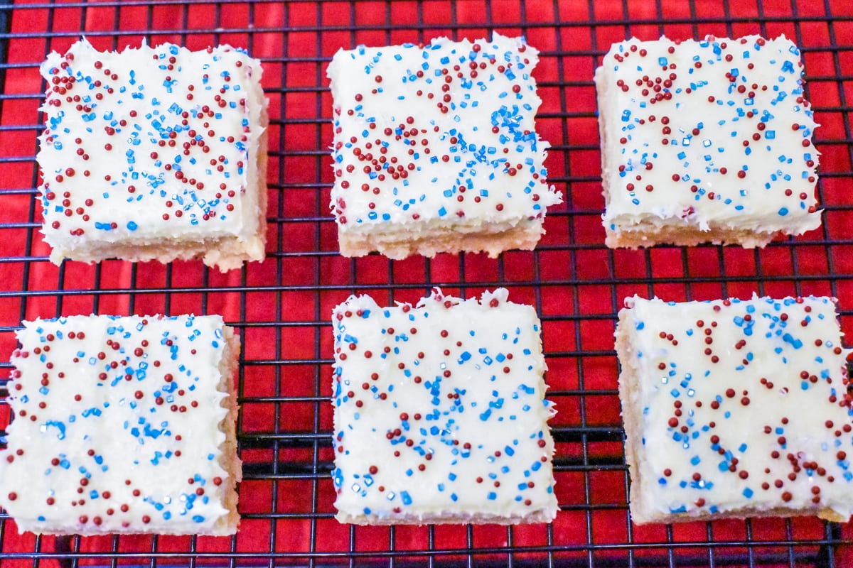 Top view of sugar cookie bars cut into nice squares for serving