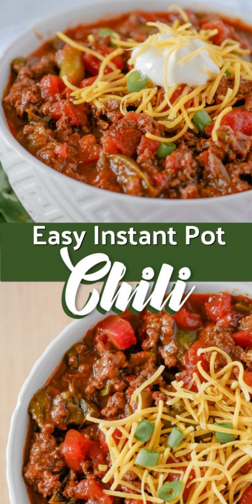 Bowl of chili topped with shredded cheese, sour cream, and green onions, with visible chunks of tomatoes and meat. Text overlay reads “Easy Instant Pot chili.”.