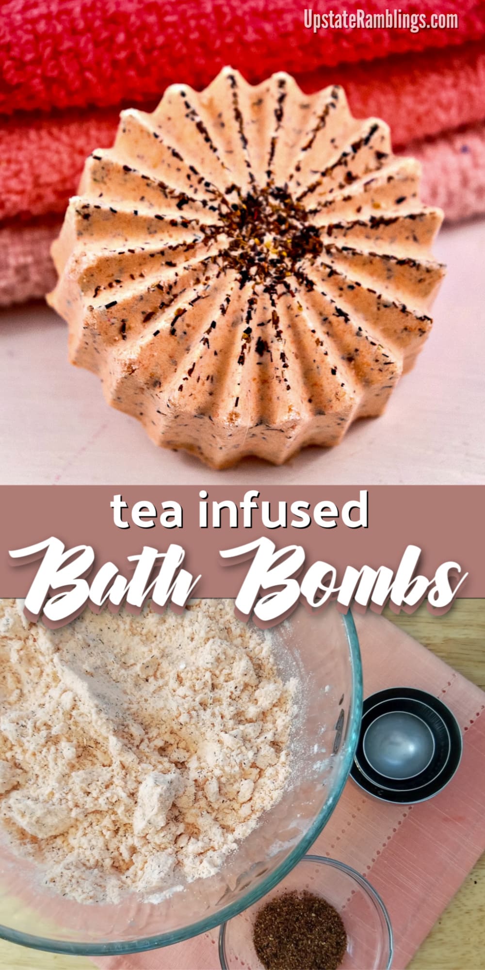 Make these easy DIY bath bombs! They make a great gift for mom or anyone who loves baths. These tea infused bath bombs include loose tea blood orange tea which adds a lovely scent and makes them perfect for relaxing and soaking in the tub. #bathbombs #DIY #teainfused