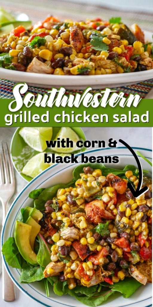This Southwestern grilled chicken salad is a tasty mix of chicken, black beans, corn, red pepper and poblano pepper, topped off with a creamy Avocado-Lime dressing. It makes a tasty dinner or a great dish for a summer barbecue. Serve on lettuce, with tortilla chips or in a wrap. #chickensalad #grilledchickensalad #southwestern