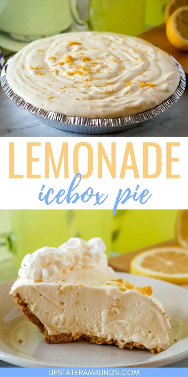 A whole frozen lemonade pie in a foil pan and a slice served on a plate, topped with whipped cream, with lemon slices in the background.