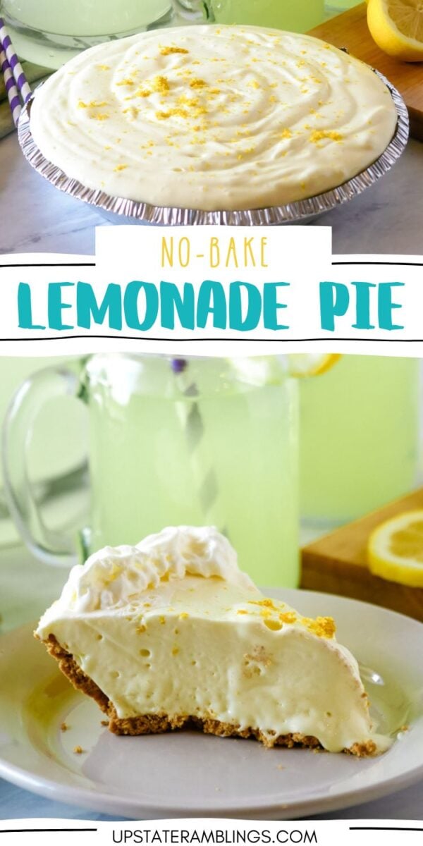 A frozen lemonade pie with a graham cracker crust, garnished with lemon zest, is shown whole and as a single slice on a plate next to a pitcher of lemonade.
