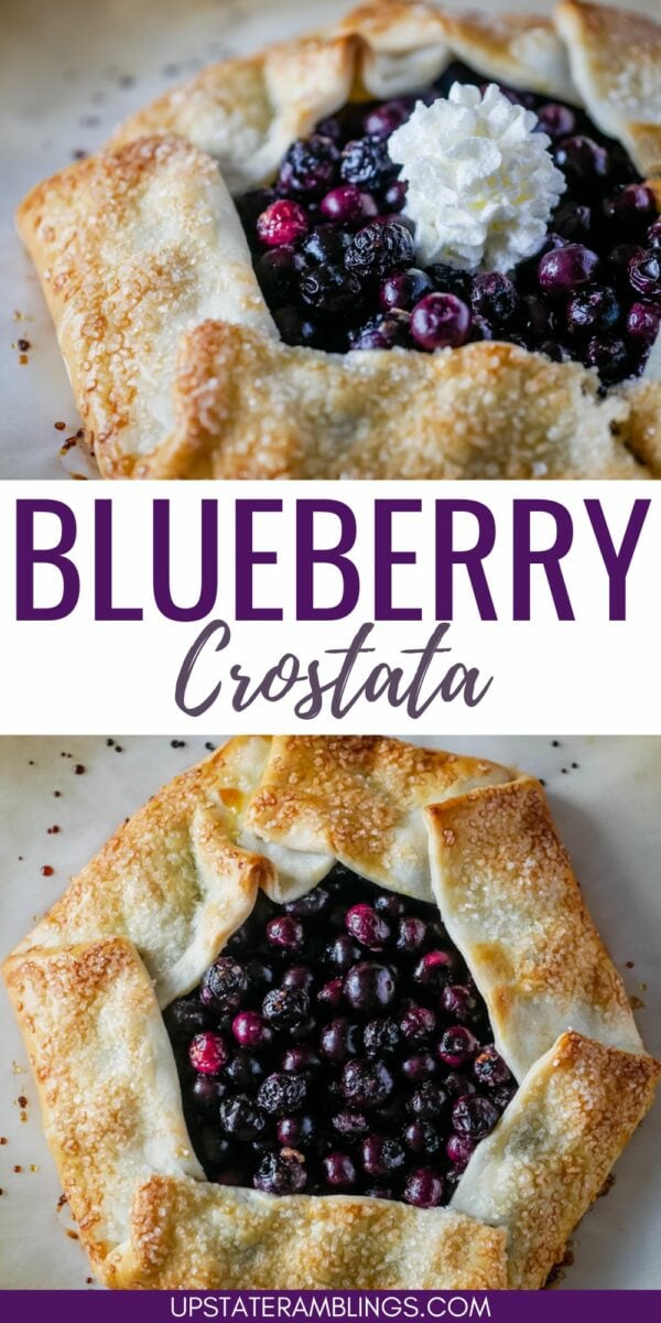 Two views of a blueberry crostata: a top view displaying the crust, blueberry filling, and a dollop of whipped cream, and a side view showing the golden, sugared edges. This delightful creation is reminiscent of a rustic blueberry galette. 
Text: "BLUEBERRY Crostata.