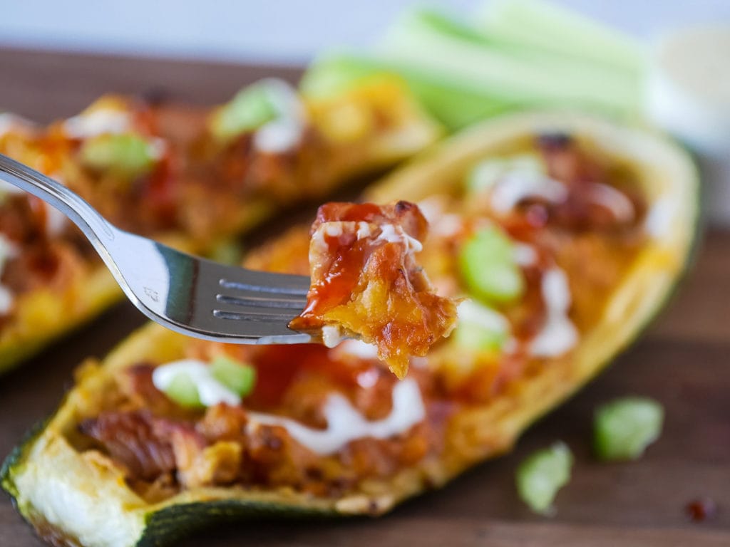fork with filling from Buffalo chicken zucchini boat